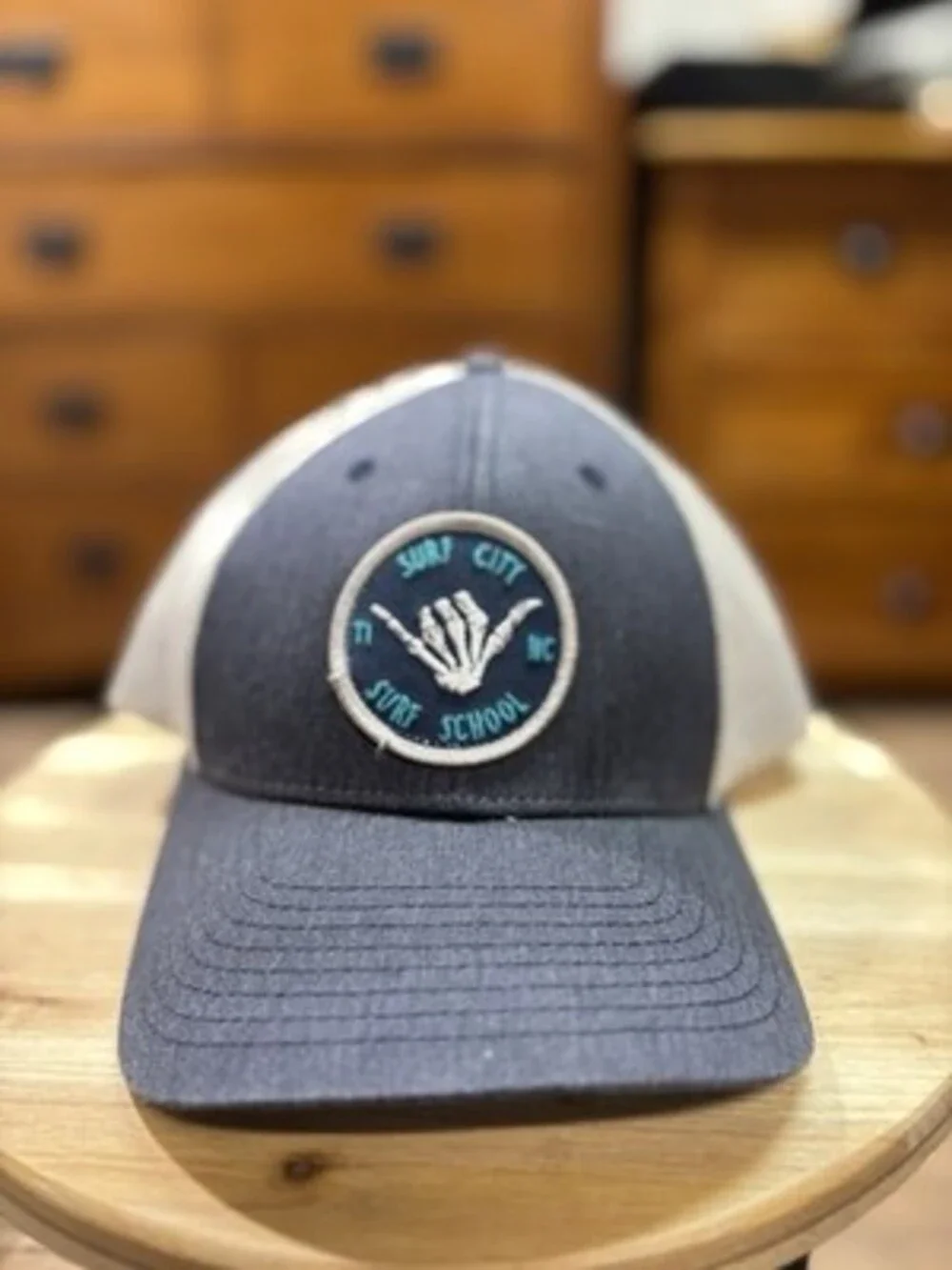 Surf City Surf School Trucker Hat Mesh Back Patch Logo Gray Beige One Size
